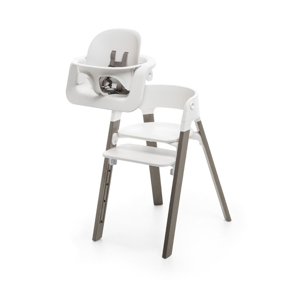 Stokke White Steps High Chair with Hazy Grey Legs Nest Bermuda