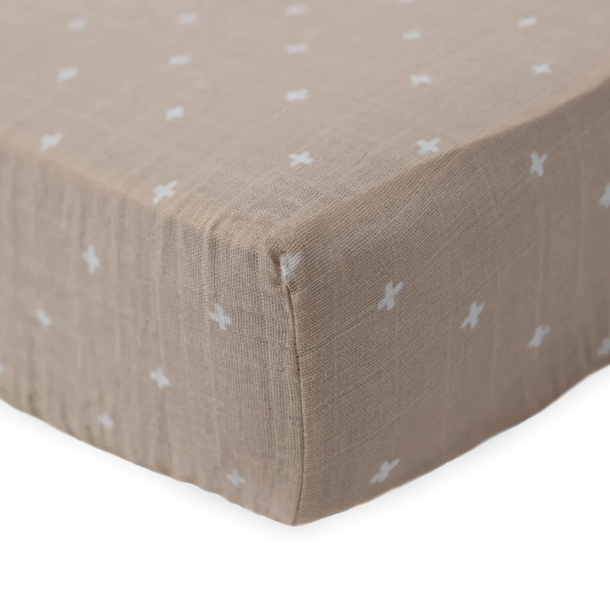 Little Unicorn LU: Cotton Muslin Crib Sheet Taupe Cross