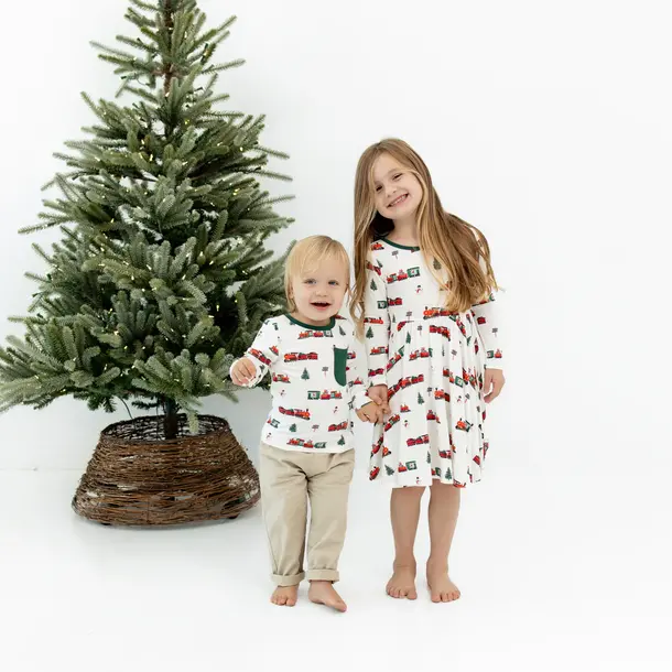 Kyte Clothing Kyte: L. Sleeve Toddler Twirl Dress - Holiday Train