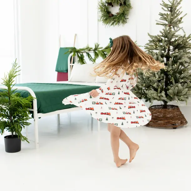 Kyte Clothing Kyte: L. Sleeve Toddler Twirl Dress - Holiday Train