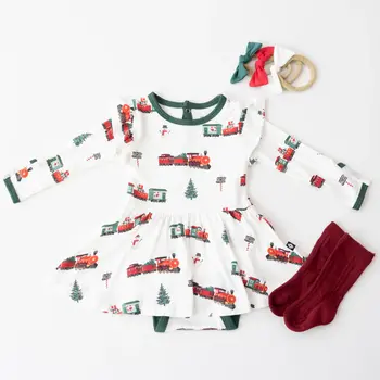 Kyte Clothing Kyte: L. Sleeve Twirl Bodysuit Dress - Holiday Train