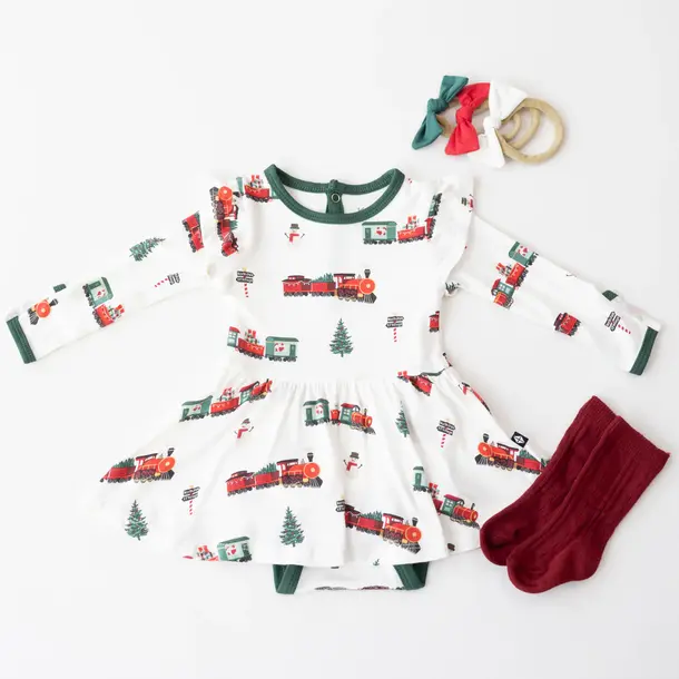 Kyte Clothing Kyte: L. Sleeve Twirl Bodysuit Dress - Holiday Train