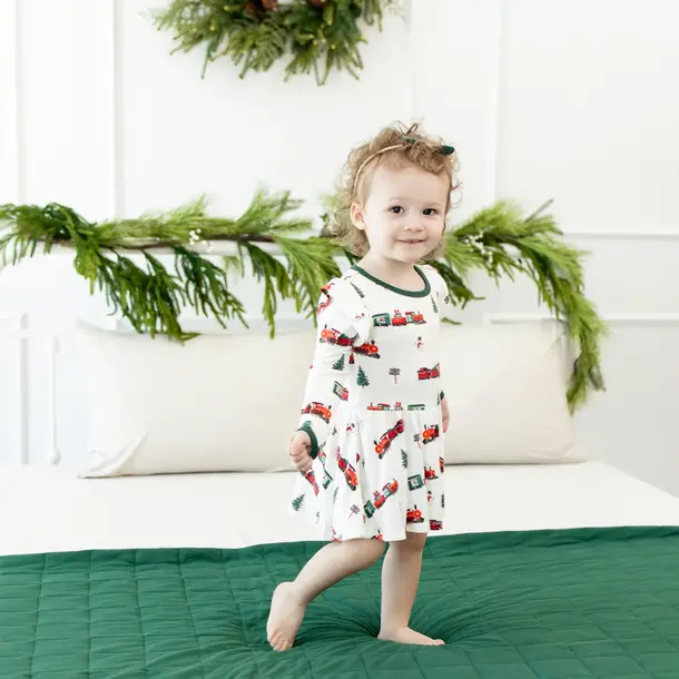 Kyte Clothing Kyte: L. Sleeve Twirl Bodysuit Dress - Holiday Train