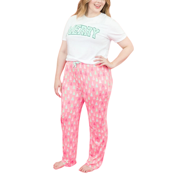 Rufflebutts Rufflebutts: Women PJ Pants Merry Pines - Pink