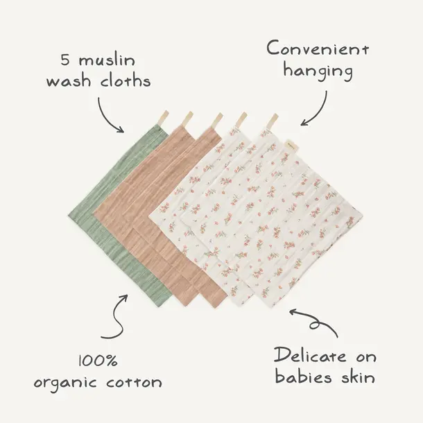 Mushie Mushie: Muslin Washcloth 5 Pack - Pink Flowers