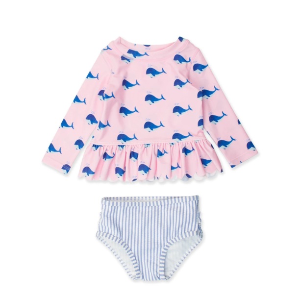 Rufflebutts Rufflebutts: 2pc Rashguard Bikini - Pink Whale Friends