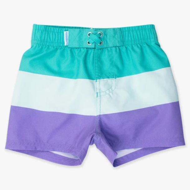 Rufflebutts Ruggedbutts: Swim Trunks - Green Purple Colorblock