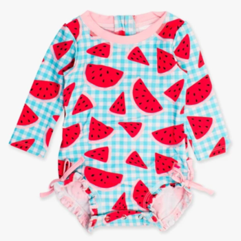 Rufflebutts Rufflebutts: LS 1pc Rashguard - Watermelon Gingham