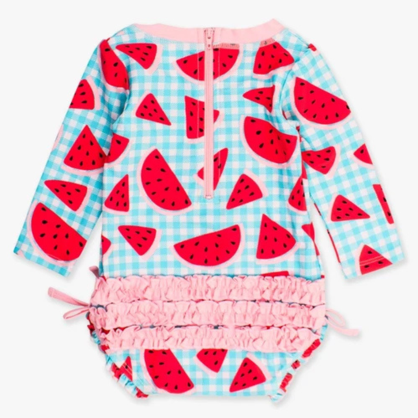 Rufflebutts Rufflebutts: LS 1pc Rashguard - Watermelon Gingham