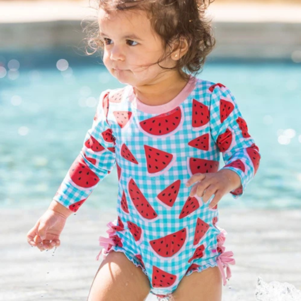 Rufflebutts Rufflebutts: LS 1pc Rashguard - Watermelon Gingham
