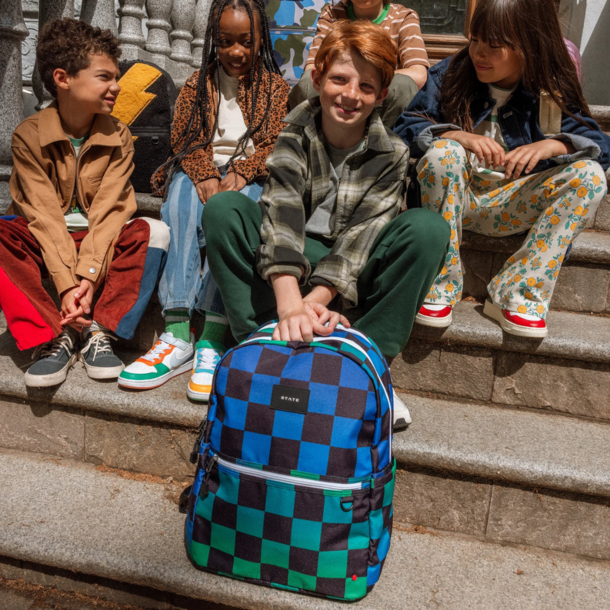 State Bags State Bags: Kane Double Lg Backpack- Blue Checkerboard