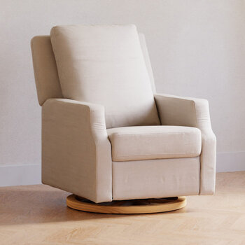 Million Dollar Baby MDB: Crewe Electronic Swivel Glider Recliner - Cream Eco-Weave/ Lt. Wood Base