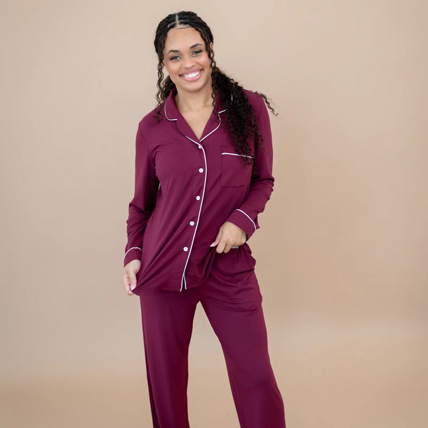 Kyte Clothing Kyte: Women's Long Sleeve PJ Set - Burgundy/Cloud Trim