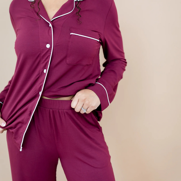 Kyte Clothing Kyte: Women's Long Sleeve PJ Set - Burgundy/Cloud Trim