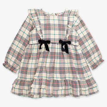 Rufflebutts Rufflebutts: L/S Waterfall Tannen Plaid Bow Dress - Rufflebutts Rufflebutts: L/S Waterfall Tannen Plaid Bow Dress -
