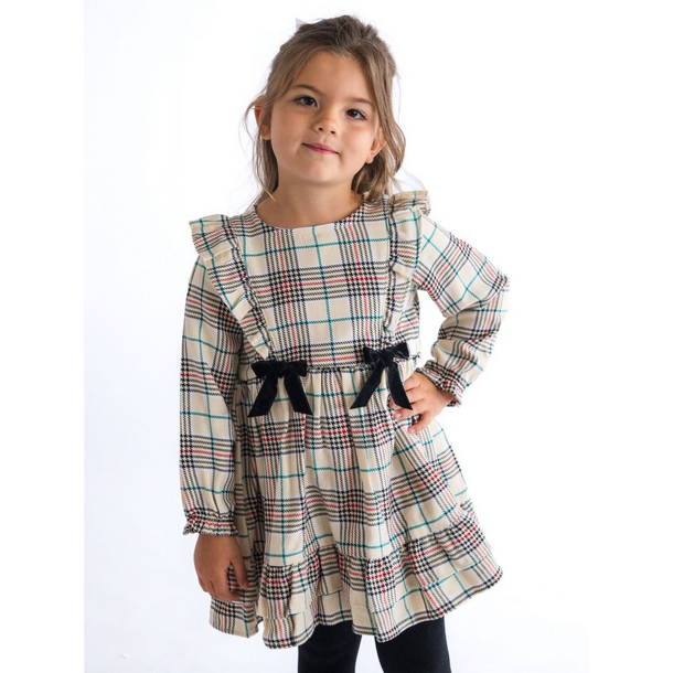 Rufflebutts Rufflebutts: L/S Waterfall Tannen Plaid Bow Dress -