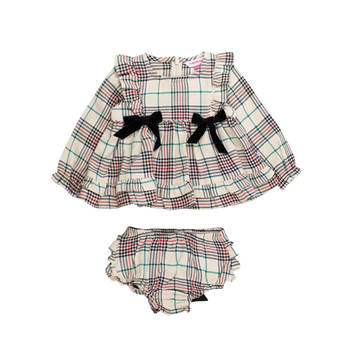 Rufflebutts Rufflebutts: L/S Waterfall Bow Top Set- Tannen Plaid Rufflebutts Rufflebutts: L/S Waterfall Bow Top Set- Tannen Plaid