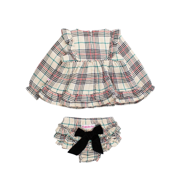 Rufflebutts Rufflebutts: L/S Waterfall Bow Top Set- Tannen Plaid