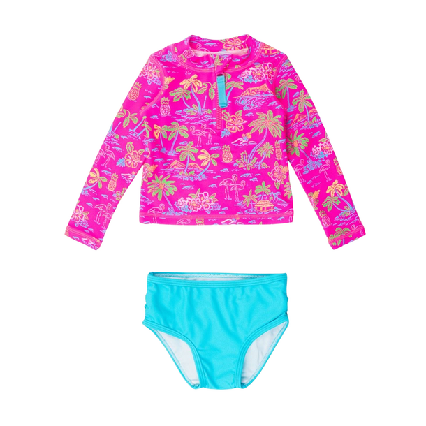 Rufflebutts Rufflebutts: 2pc Zipper Rashguard Bikini - Neon Island Time