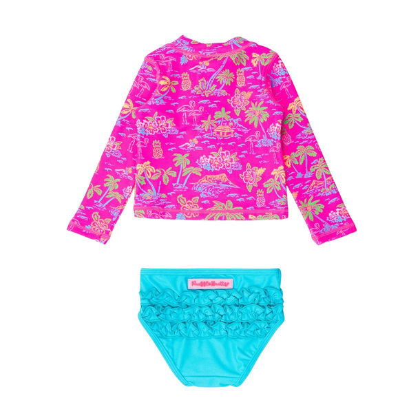 Rufflebutts Rufflebutts: 2pc Zipper Rashguard Bikini - Neon Island Time