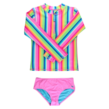 Rufflebutts Rufflebutts: 2pc Zipper Rashguard Bikini - Neon Rainbow Stripe