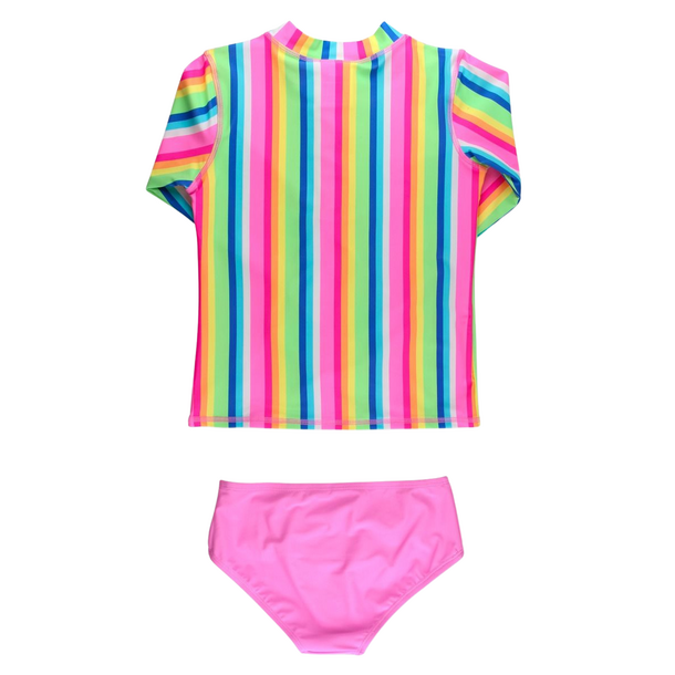 Rufflebutts Rufflebutts: 2pc Zipper Rashguard Bikini - Neon Rainbow Stripe