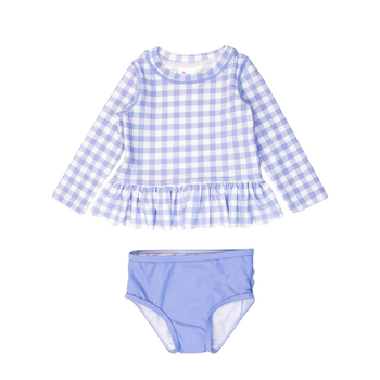 Rufflebutts Rufflebutts: 2pc Rashguard Bikini - Periwinkle Blue Gingham