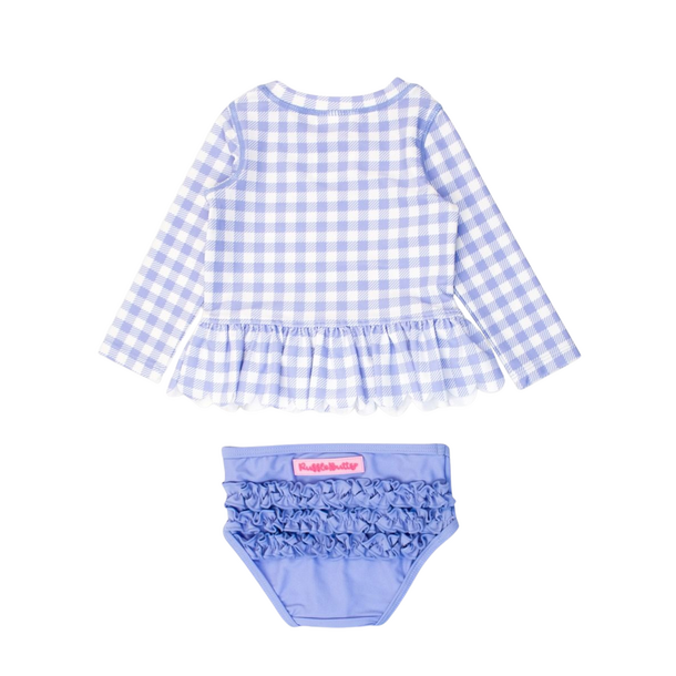 Rufflebutts Rufflebutts: 2pc Rashguard Bikini - Periwinkle Blue Gingham