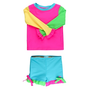Rufflebutts Rufflebutts: 2pc Rashguard Bikini w Shorts- Neon Colour Block