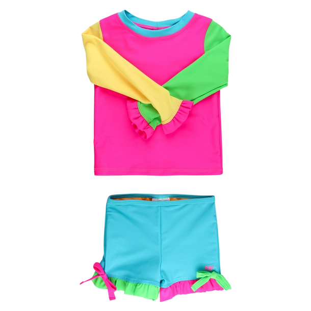 Rufflebutts Rufflebutts: 2pc Rashguard Bikini w Shorts- Neon Colour Block