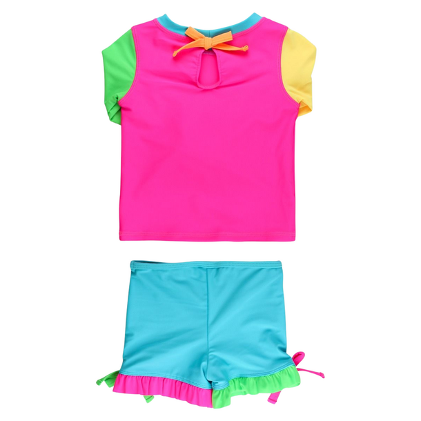 Rufflebutts Rufflebutts: 2pc Rashguard Bikini w Shorts- Neon Colour Block