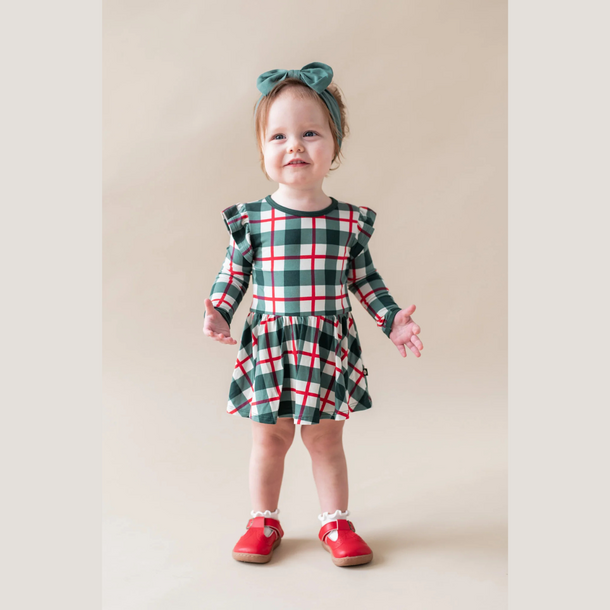 Kyte Clothing Kyte: Long Sleeve Twirl Bodysuit Dress - Holiday Plaid