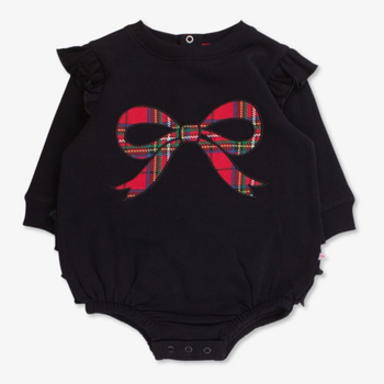 Rufflebutts Rufflebutts: Sweatshirt Bubble Romper - Nicholas Plaid Bow Black