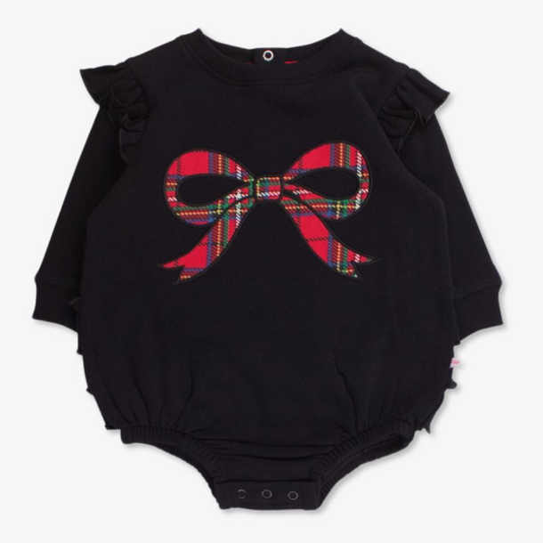 Rufflebutts Rufflebutts: Sweatshirt Bubble Romper - Nicholas Plaid Bow Black