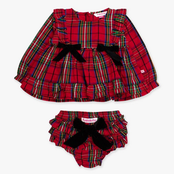Rufflebutts Rufflebutts: L/S Waterfall Bow Top Set- Red Nicholas Plaid