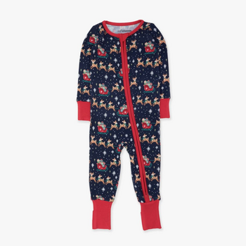 Rufflebutts Rufflebutts: Convertible Footie - Navy Reindeer Sleigh