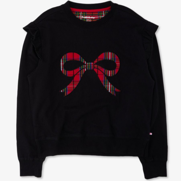 Rufflebutts Rufflebutts: Women's Flutter Sweatshirt- Nicholas Plaid Bow Black