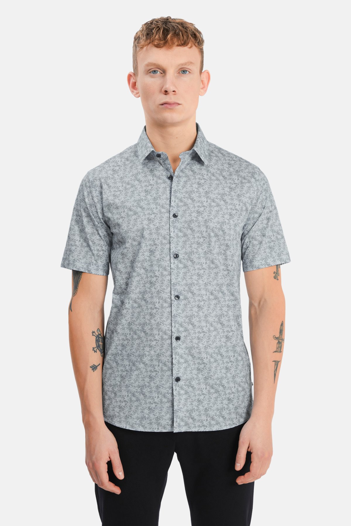 Trostol Short Sleeve Dress Shirt - Navy Dotted Print