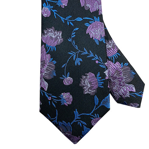 Black Tie with Purple and Blue Floral Motif