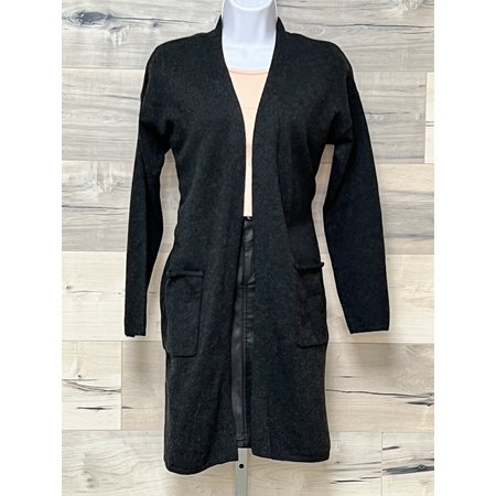 Long Open Cardigan with Pockets - Charcoal Melange