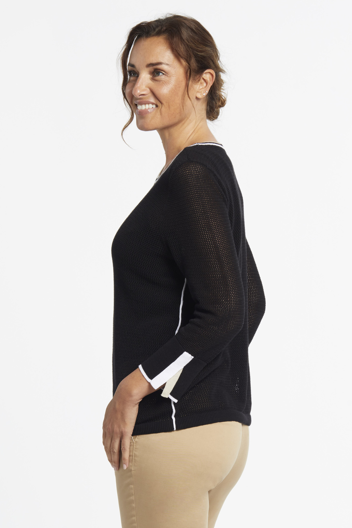 3/4 Sleeve Crew Neck Sweater with Contrast Piping - Black