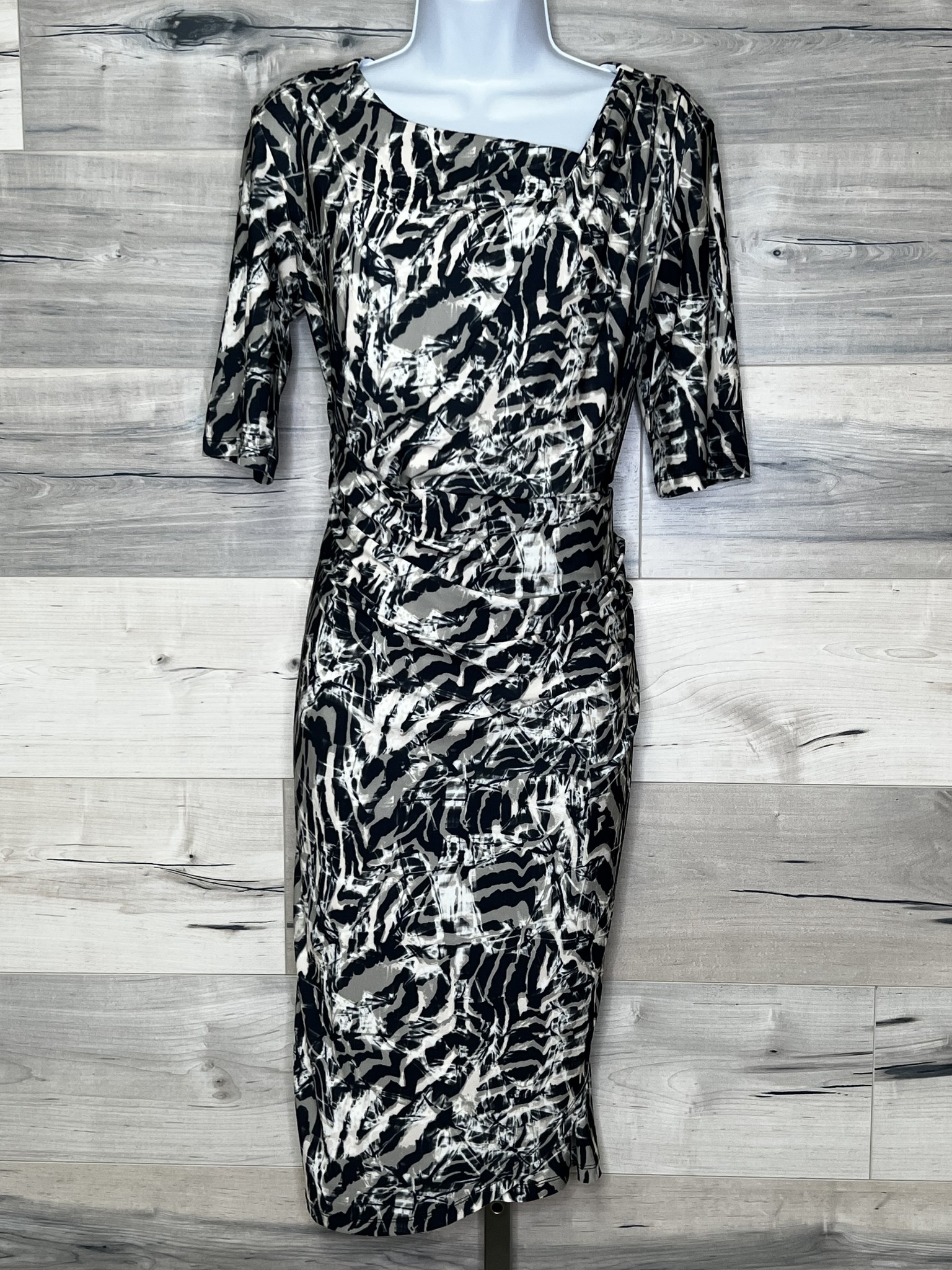 Dress with Tuck Details - Black and Neutral Abstract