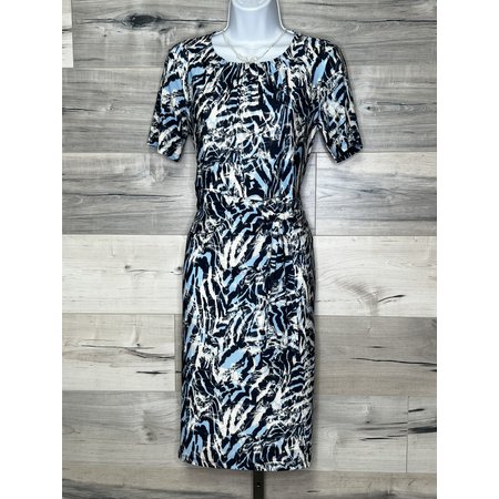 Dress with Faux Belt - Navy and Blues Abstract
