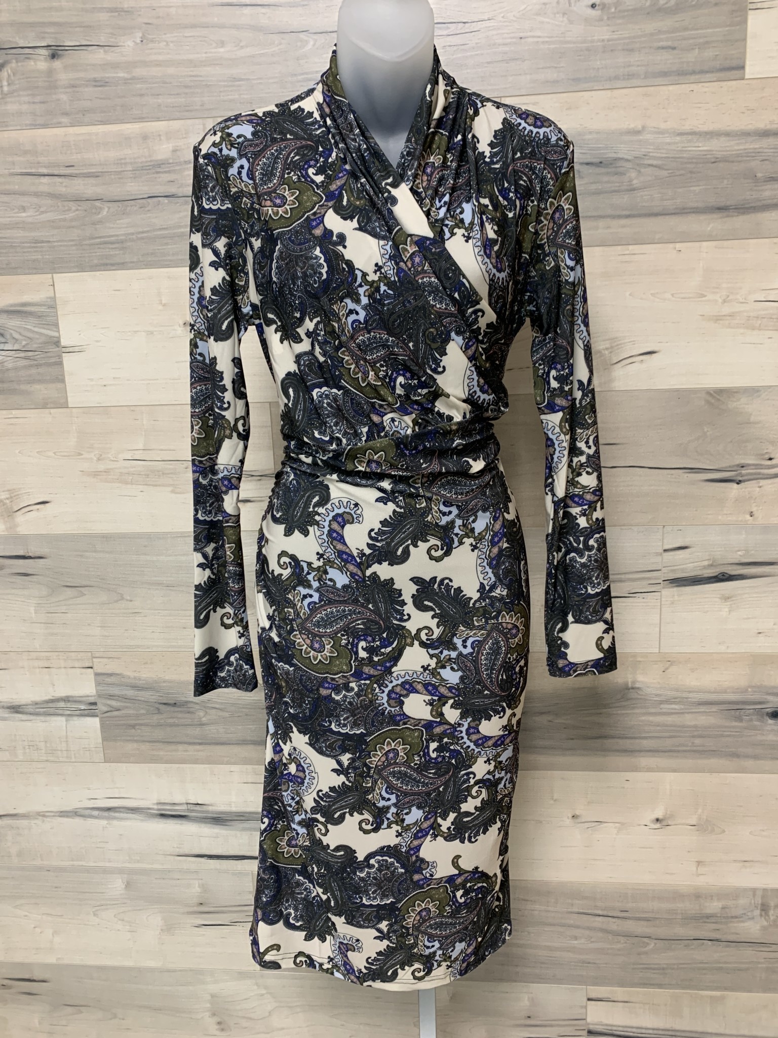 Dress with Faux Wrap on Bodice - Navy and Olive Paisley