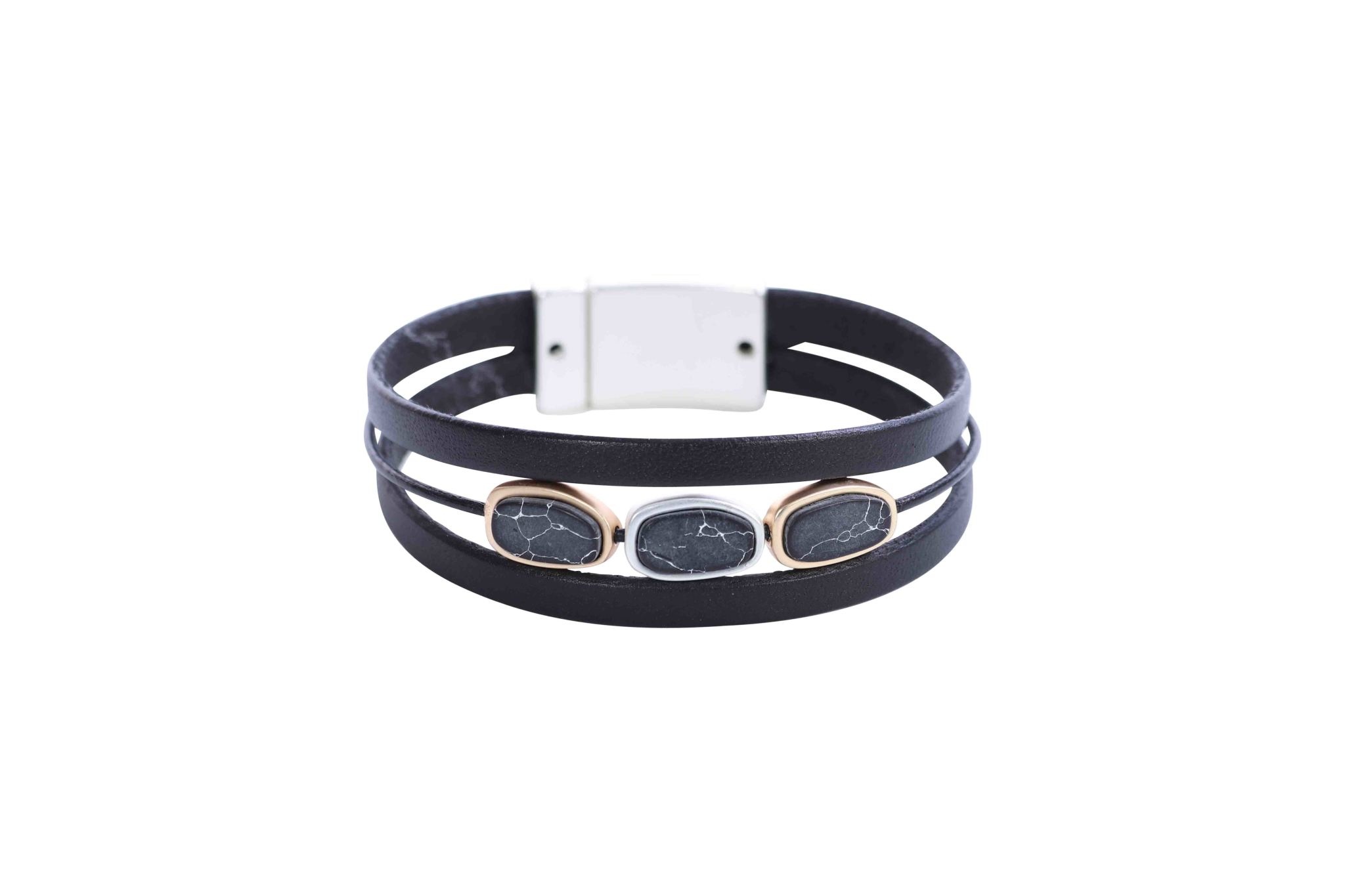 Black Leather Bracelet with Marbled Stones