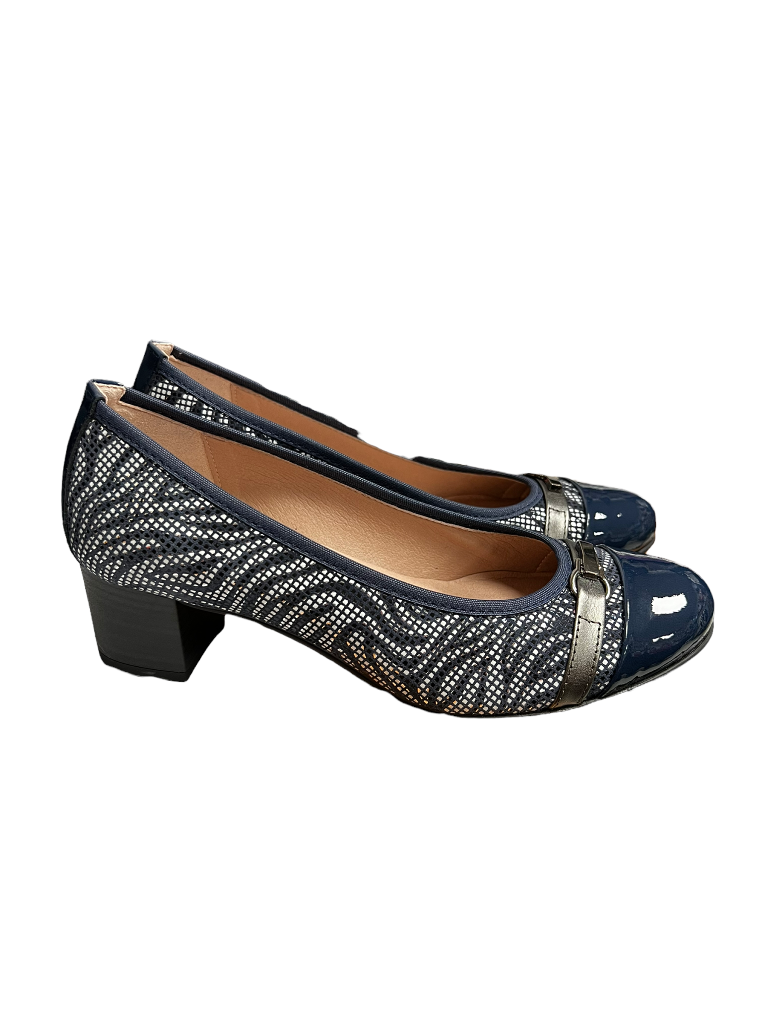 Navy Textured Pump with Patent Toe