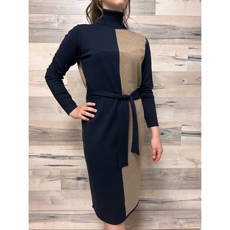 Color Block Dress with Optional Belt - Navy and Camel