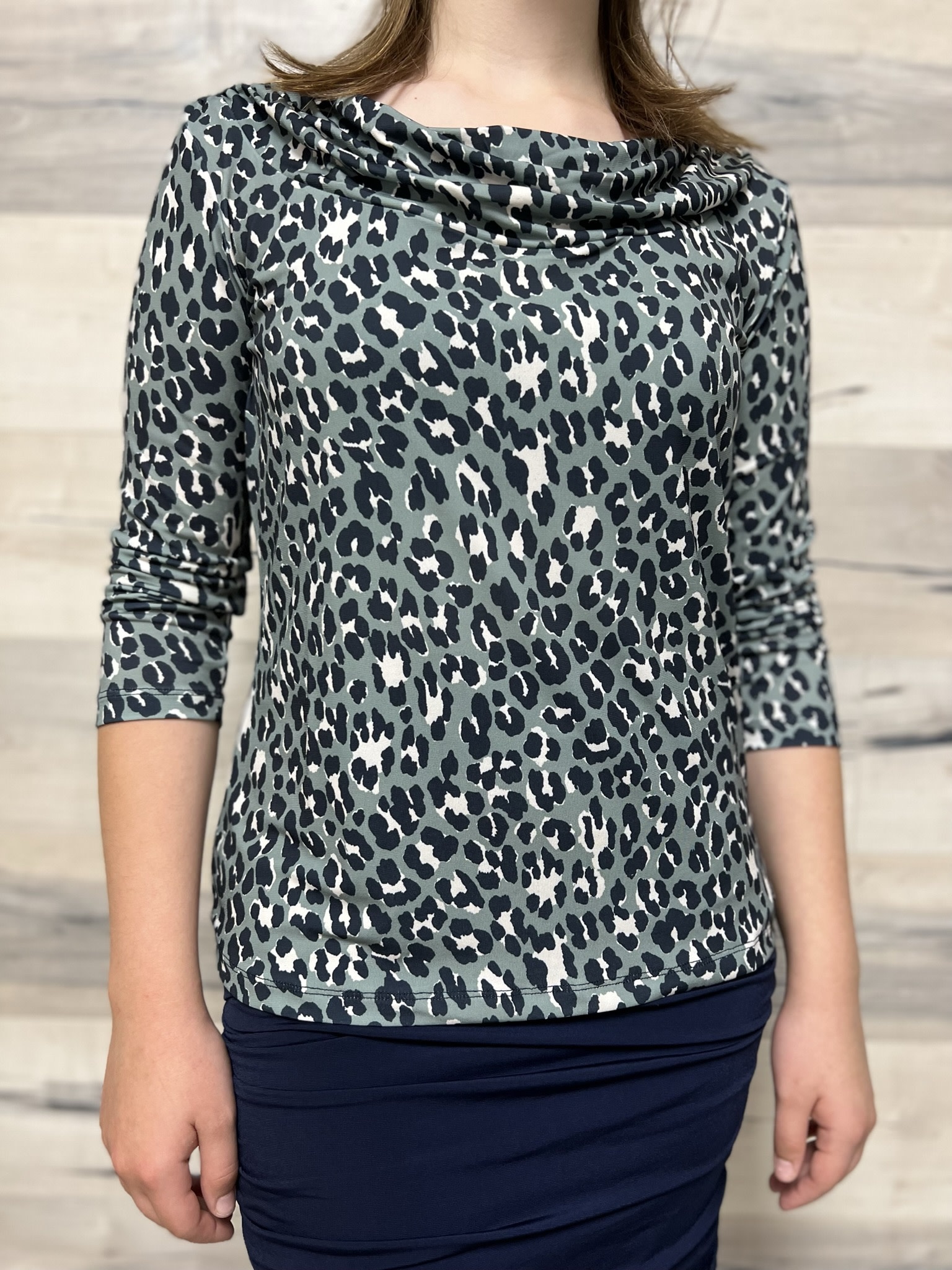 Top with Faux Cowl - Navy and Green Leopard Print