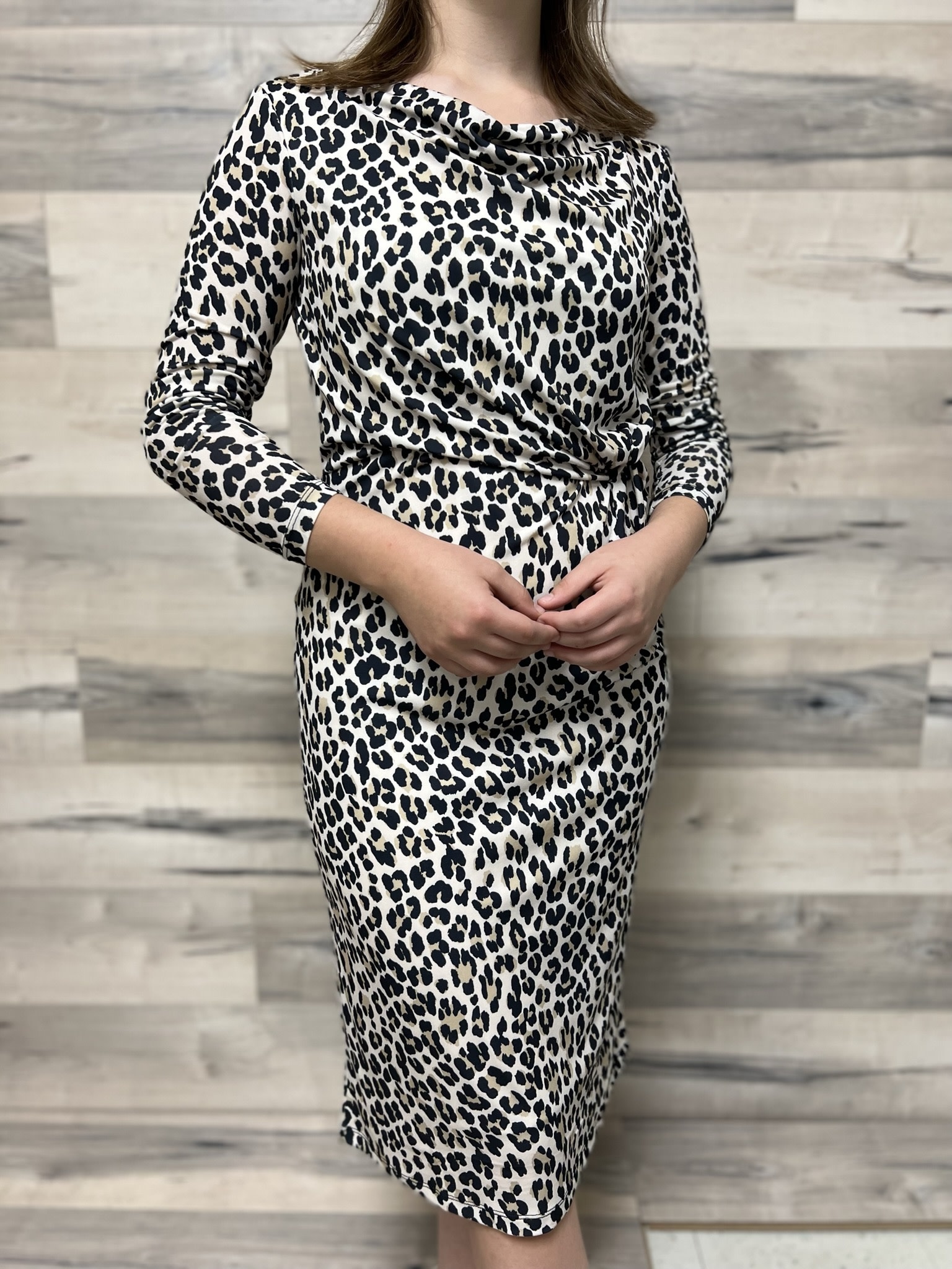 Knotted Dress with Small Cowl - Navy and Light Sand Leopard Print