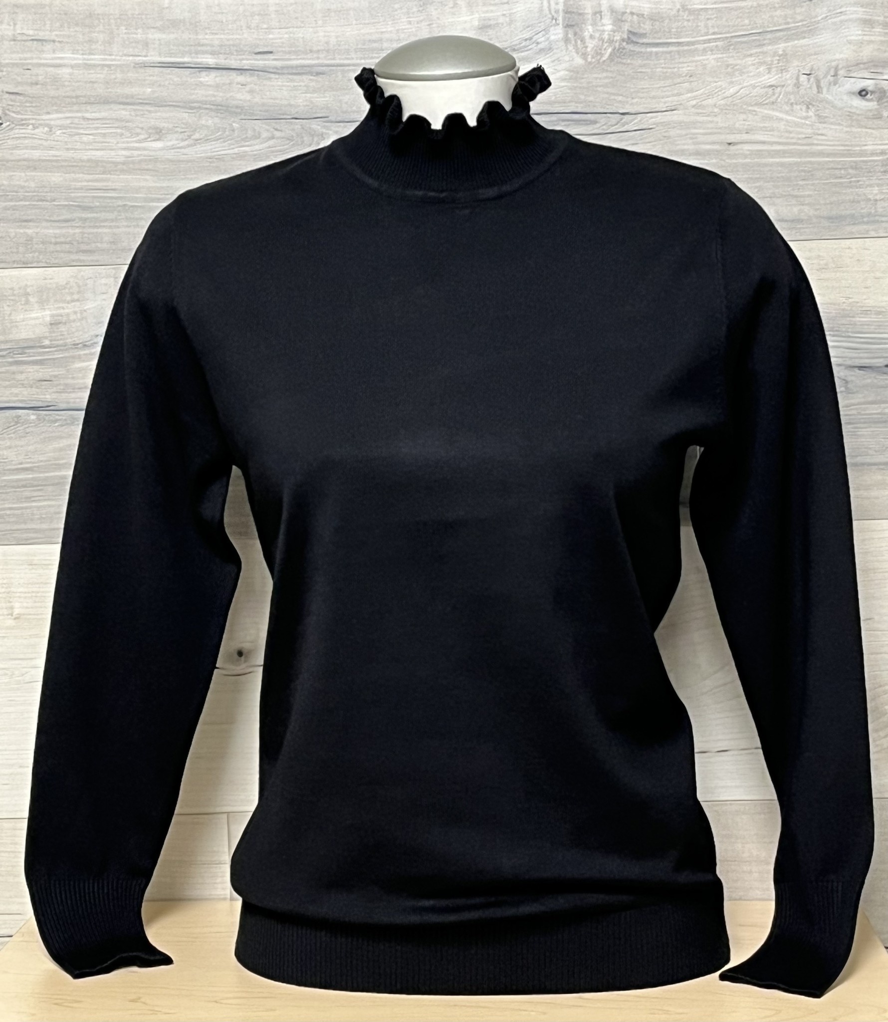Pullover Sweater with Ruffled Mock Neck - Black